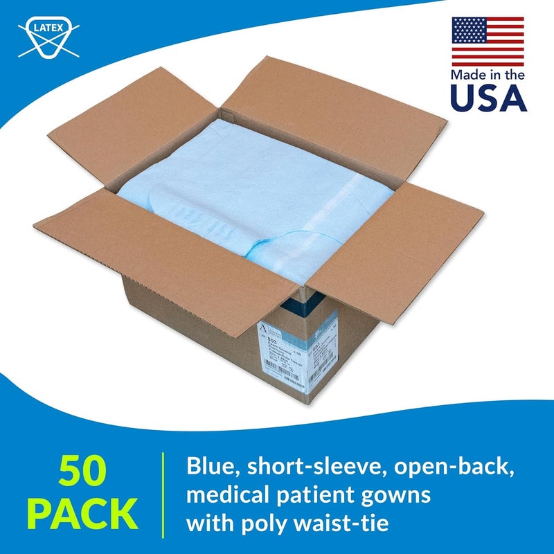 Tidi Avalon Premium Gowns, Blue (Pack of 50) ― Tissue/Poly/Tissue ― Open-Back, Waist-Tie, Short-Sleeve Medical Gowns ― Disposable Exam Gowns ― Standard Size 30” x 42” ― Latex-Free Medical Supplies (803) - Image 2